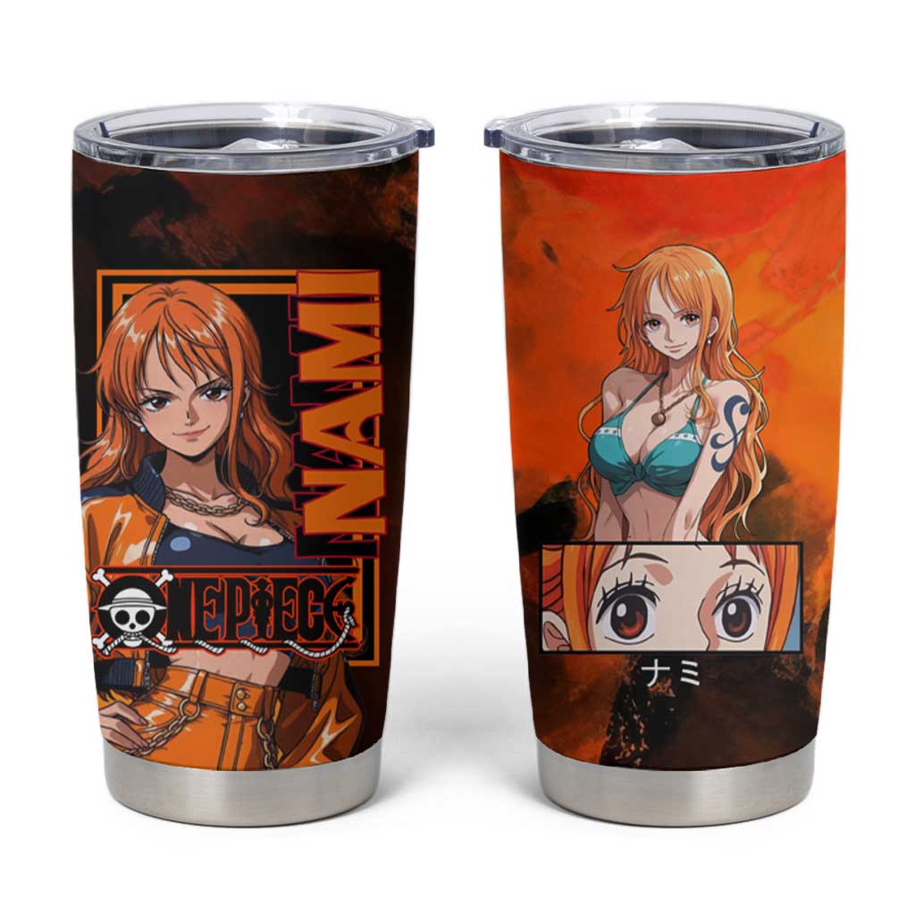 Nami One Piece Orange and Black Theme Tumbler Cup with Navigator Pose and Weather Staff Design - The Mazicc