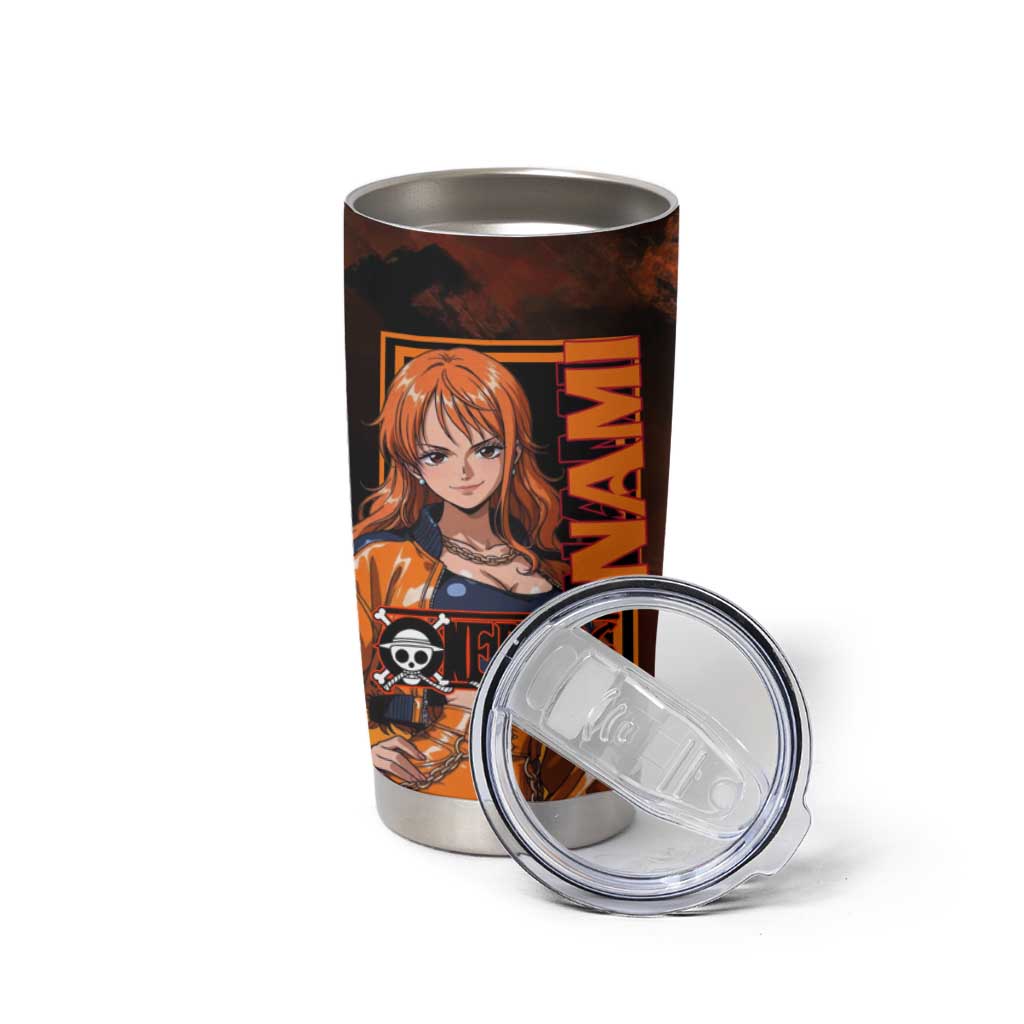 Nami One Piece Orange and Black Theme Tumbler Cup with Navigator Pose and Weather Staff Design - The Mazicc