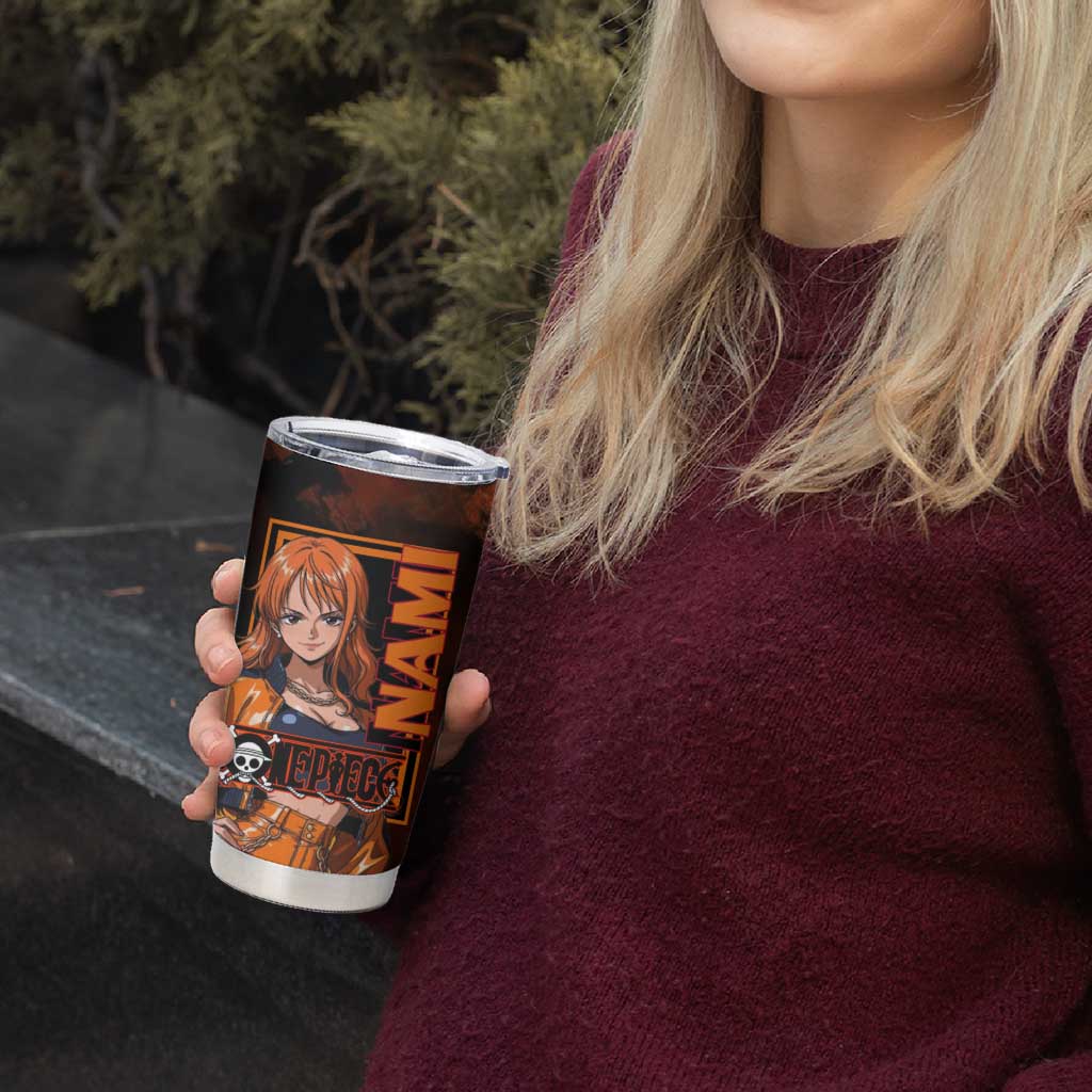 Nami One Piece Orange and Black Theme Tumbler Cup with Navigator Pose and Weather Staff Design - The Mazicc