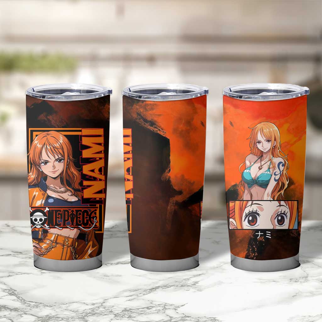 Nami One Piece Orange and Black Theme Tumbler Cup with Navigator Pose and Weather Staff Design - The Mazicc