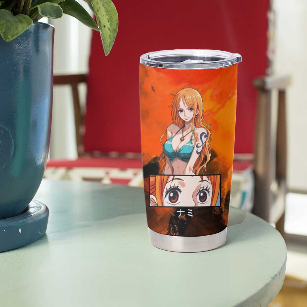 Nami One Piece Orange and Black Theme Tumbler Cup with Navigator Pose and Weather Staff Design - The Mazicc