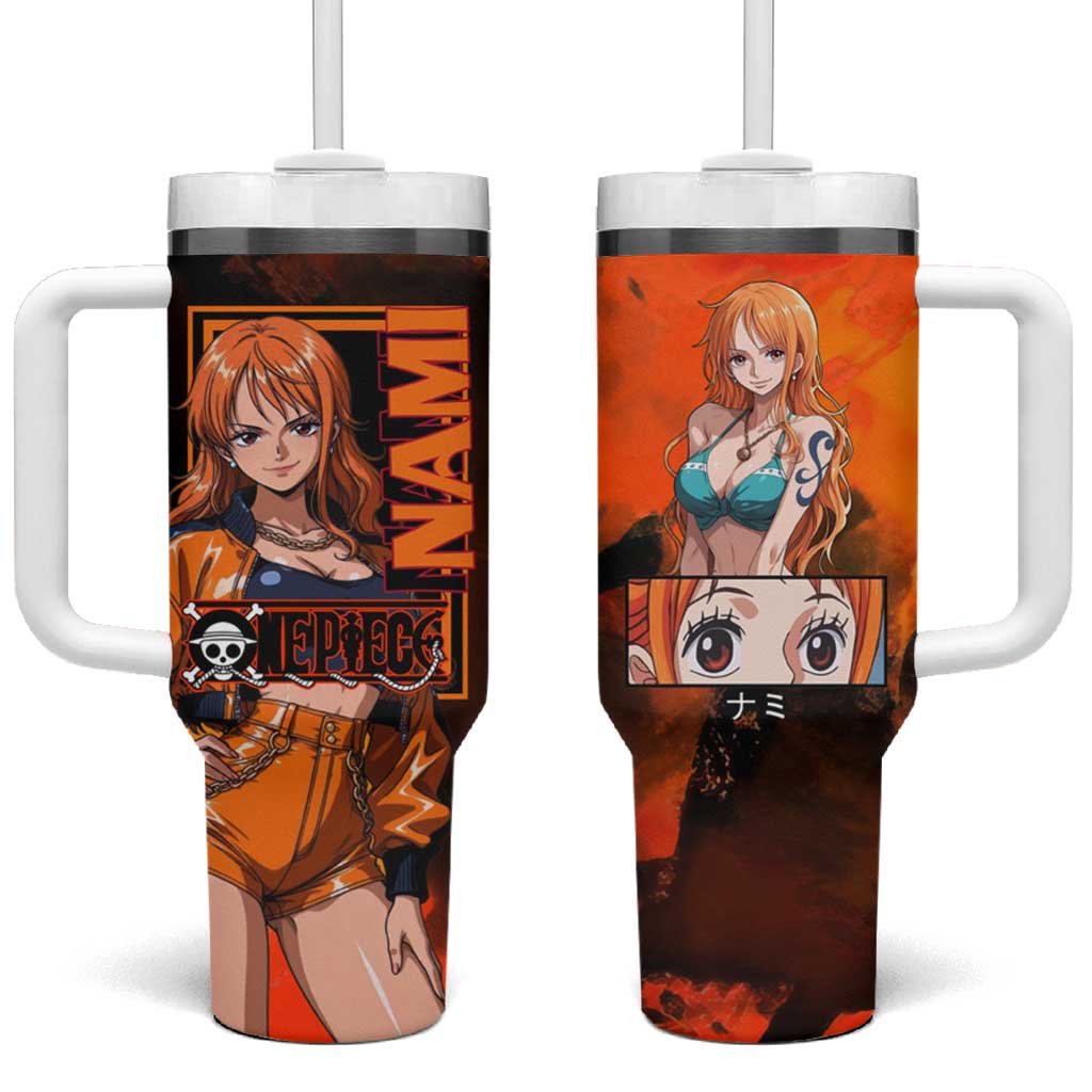 Nami One Piece Orange and Black Theme Tumbler With Handle with Navigator Pose and Weather Staff Design - The Mazicc