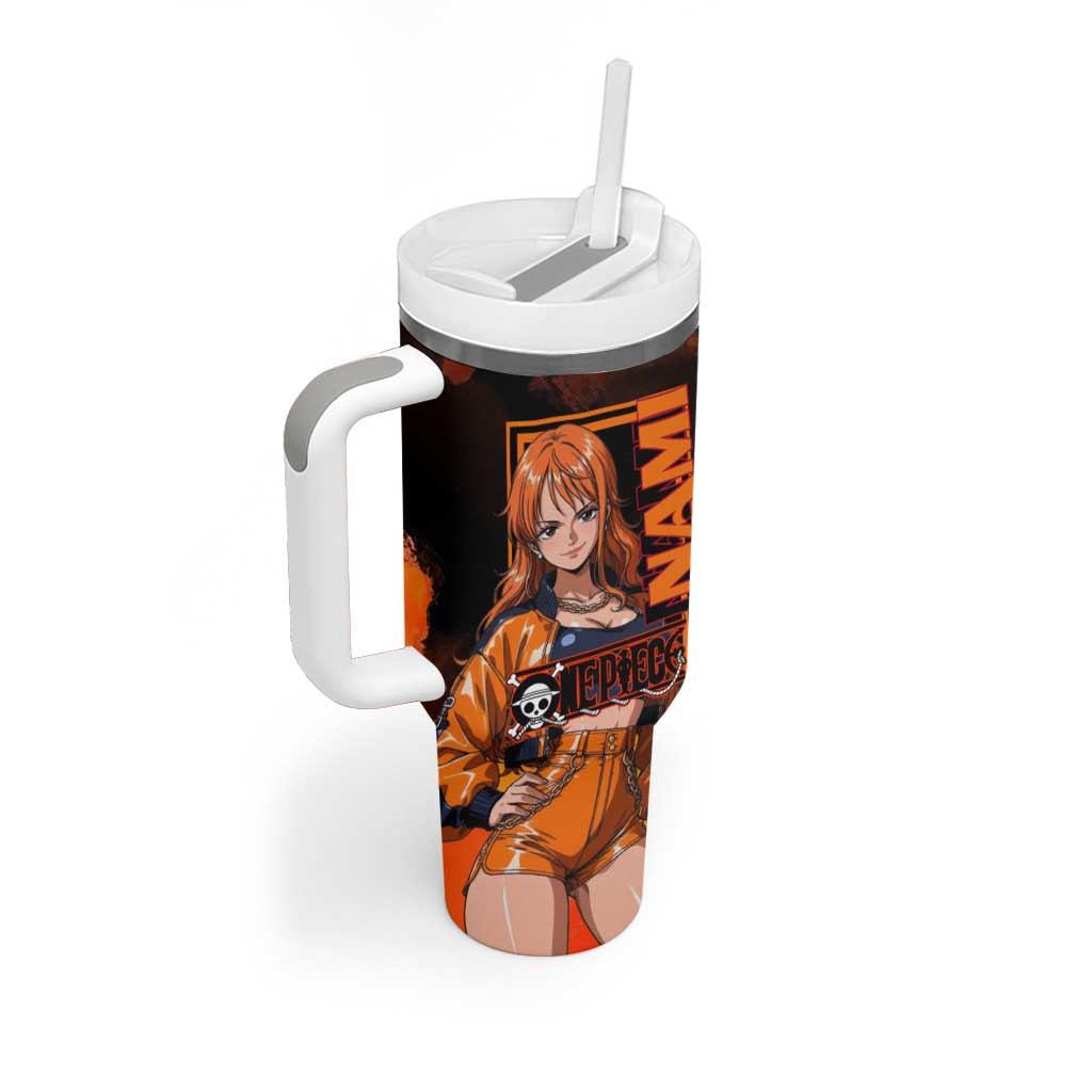 Nami One Piece Orange and Black Theme Tumbler With Handle with Navigator Pose and Weather Staff Design - The Mazicc