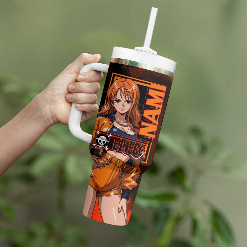 Nami One Piece Orange and Black Theme Tumbler With Handle with Navigator Pose and Weather Staff Design - The Mazicc