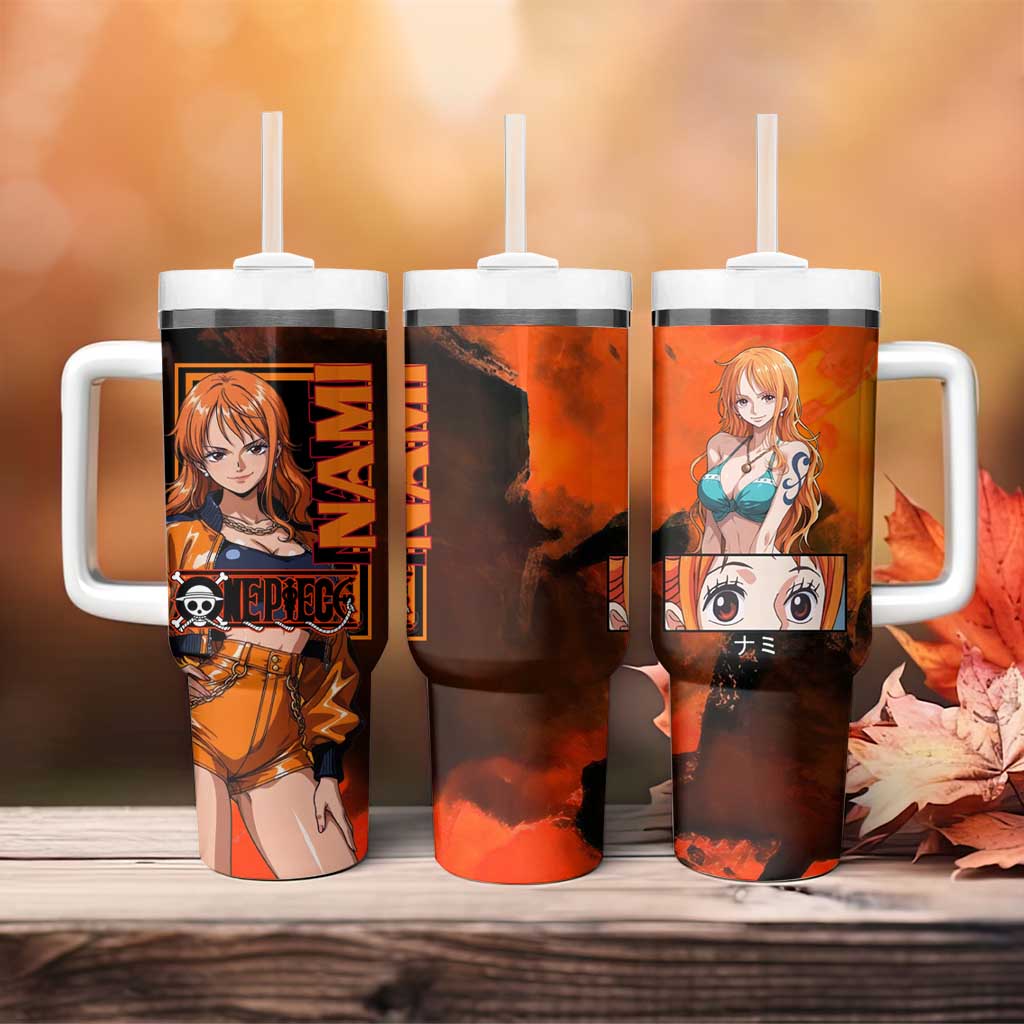 Nami One Piece Orange and Black Theme Tumbler With Handle with Navigator Pose and Weather Staff Design - The Mazicc