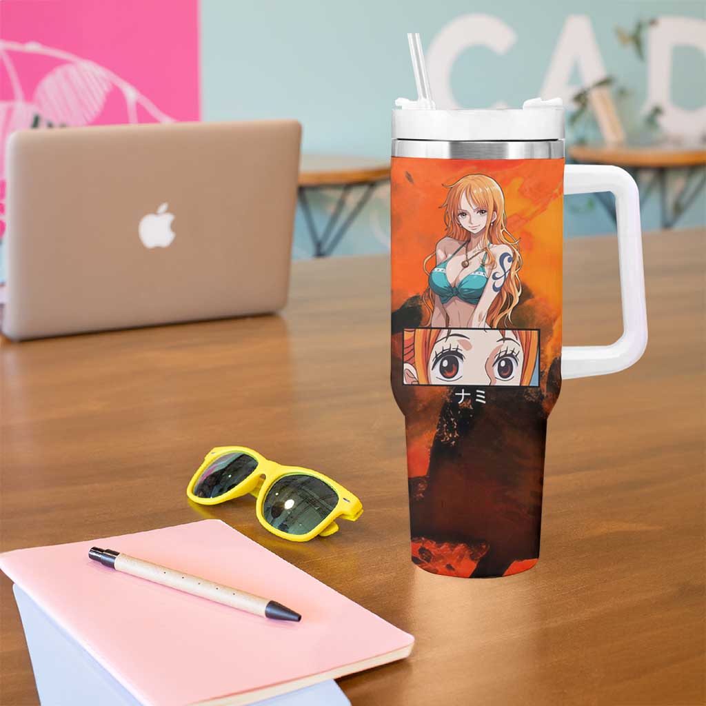 Nami One Piece Orange and Black Theme Tumbler With Handle with Navigator Pose and Weather Staff Design - The Mazicc