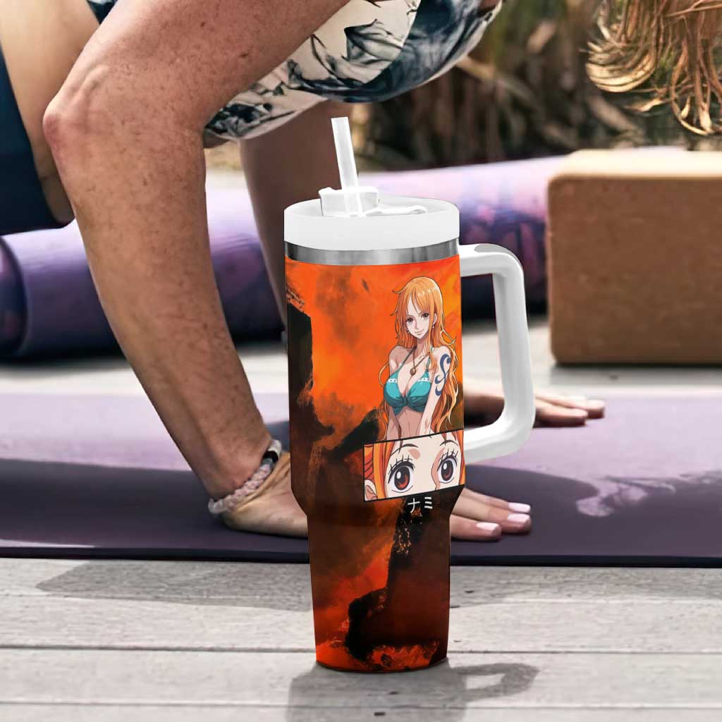 Nami One Piece Orange and Black Theme Tumbler With Handle with Navigator Pose and Weather Staff Design - The Mazicc