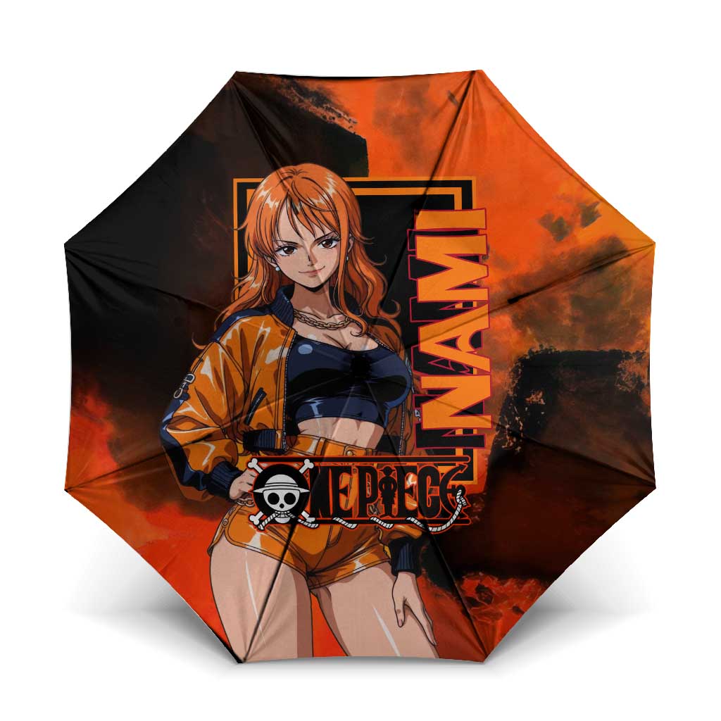 Nami One Piece Orange and Black Theme Umbrella with Navigator Pose and Weather Staff Design - The Mazicc
