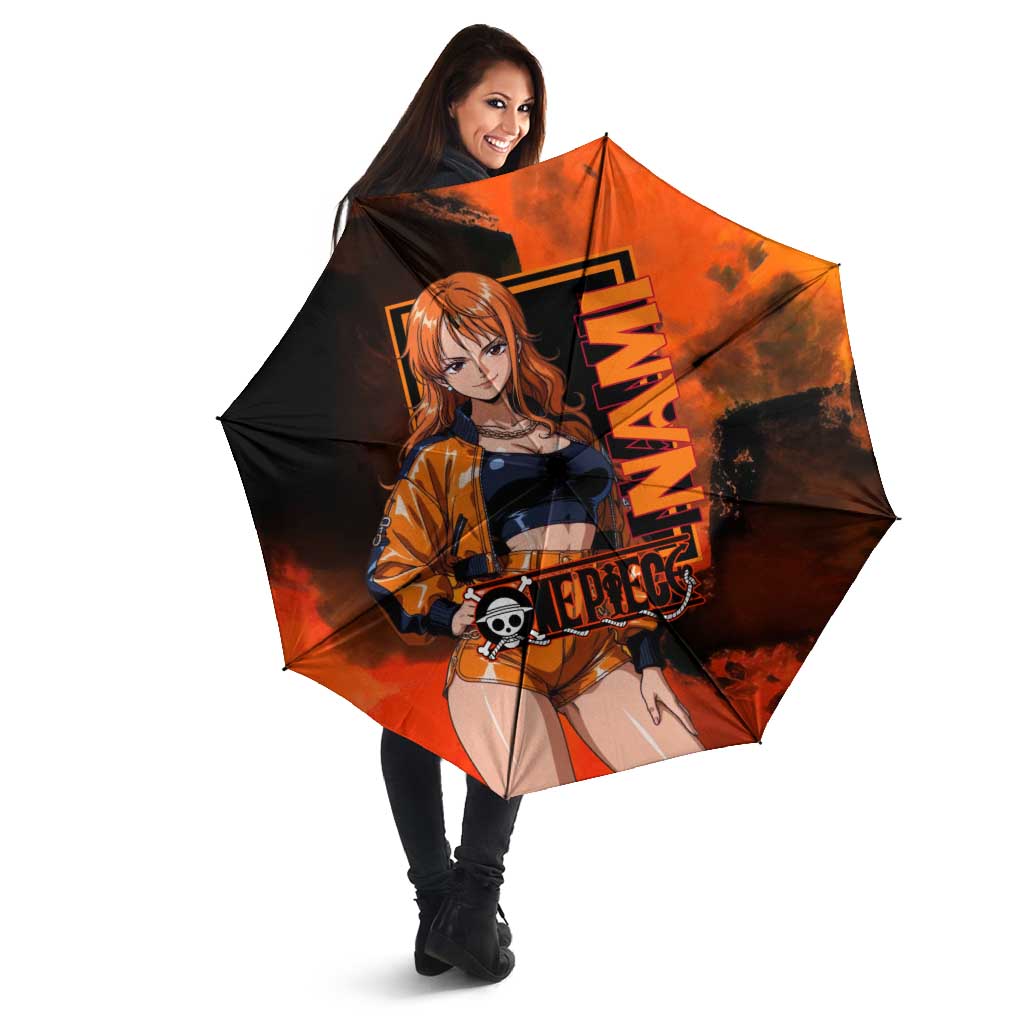 Nami One Piece Orange and Black Theme Umbrella with Navigator Pose and Weather Staff Design - The Mazicc