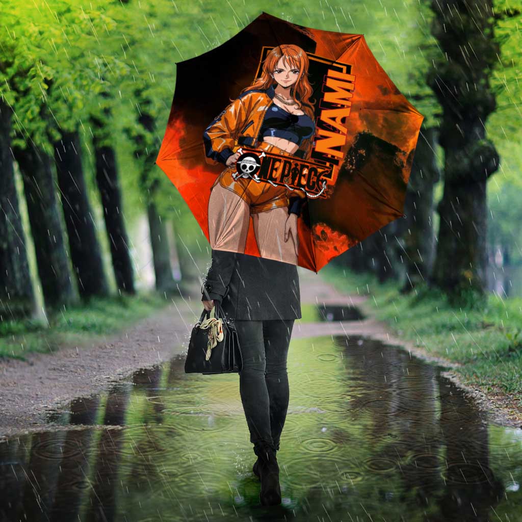 Nami One Piece Orange and Black Theme Umbrella with Navigator Pose and Weather Staff Design - The Mazicc