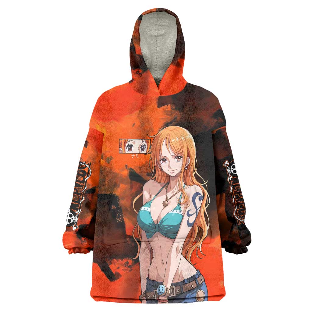 Nami One Piece Orange and Black Theme Wearable Blanket Hoodie with Navigator Pose and Weather Staff Design - The Mazicc