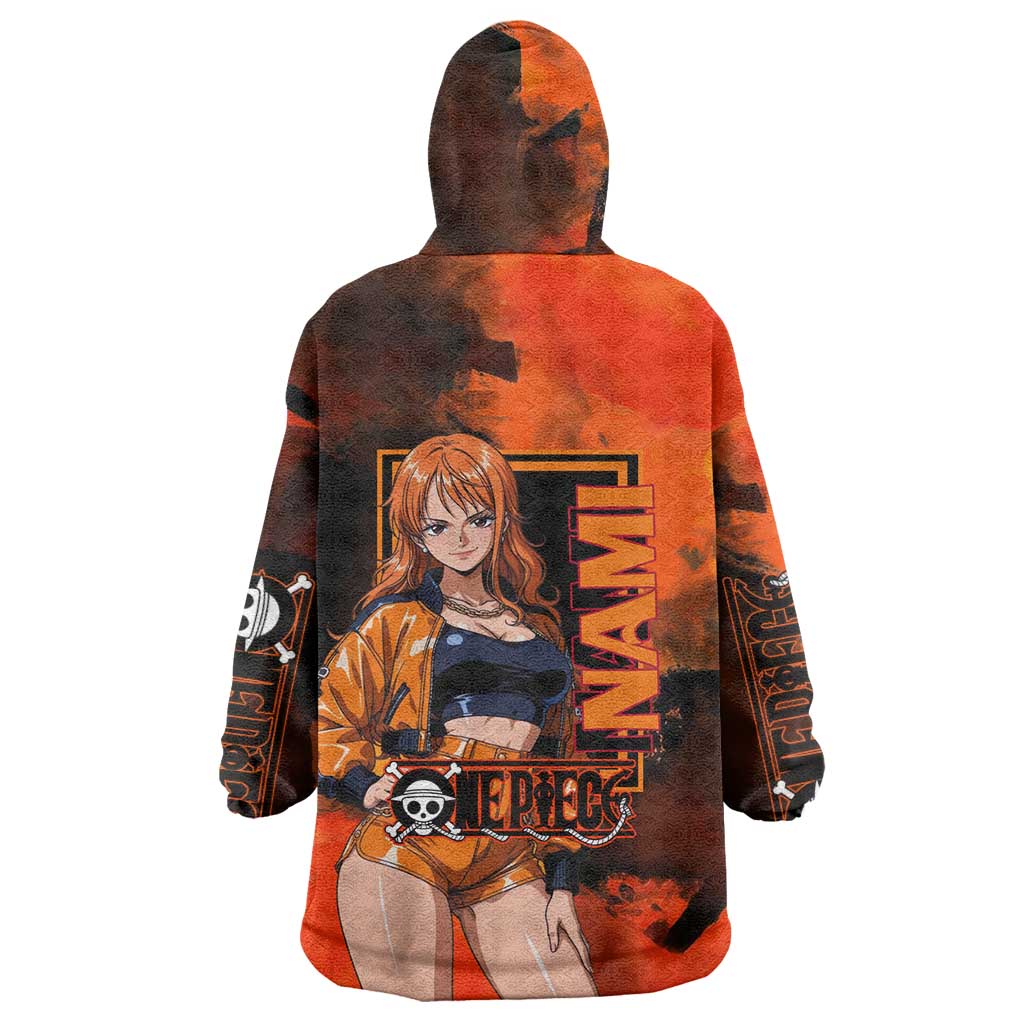 Nami One Piece Orange and Black Theme Wearable Blanket Hoodie with Navigator Pose and Weather Staff Design - The Mazicc