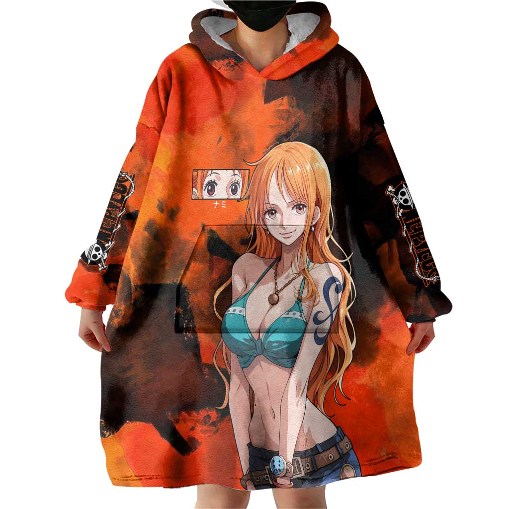 Nami One Piece Orange and Black Theme Wearable Blanket Hoodie with Navigator Pose and Weather Staff Design - The Mazicc