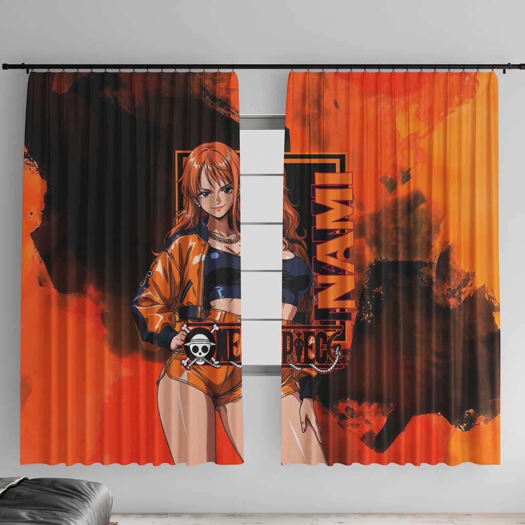 Nami One Piece Orange and Black Theme Window Curtain with Navigator Pose and Weather Staff Design - The Mazicc
