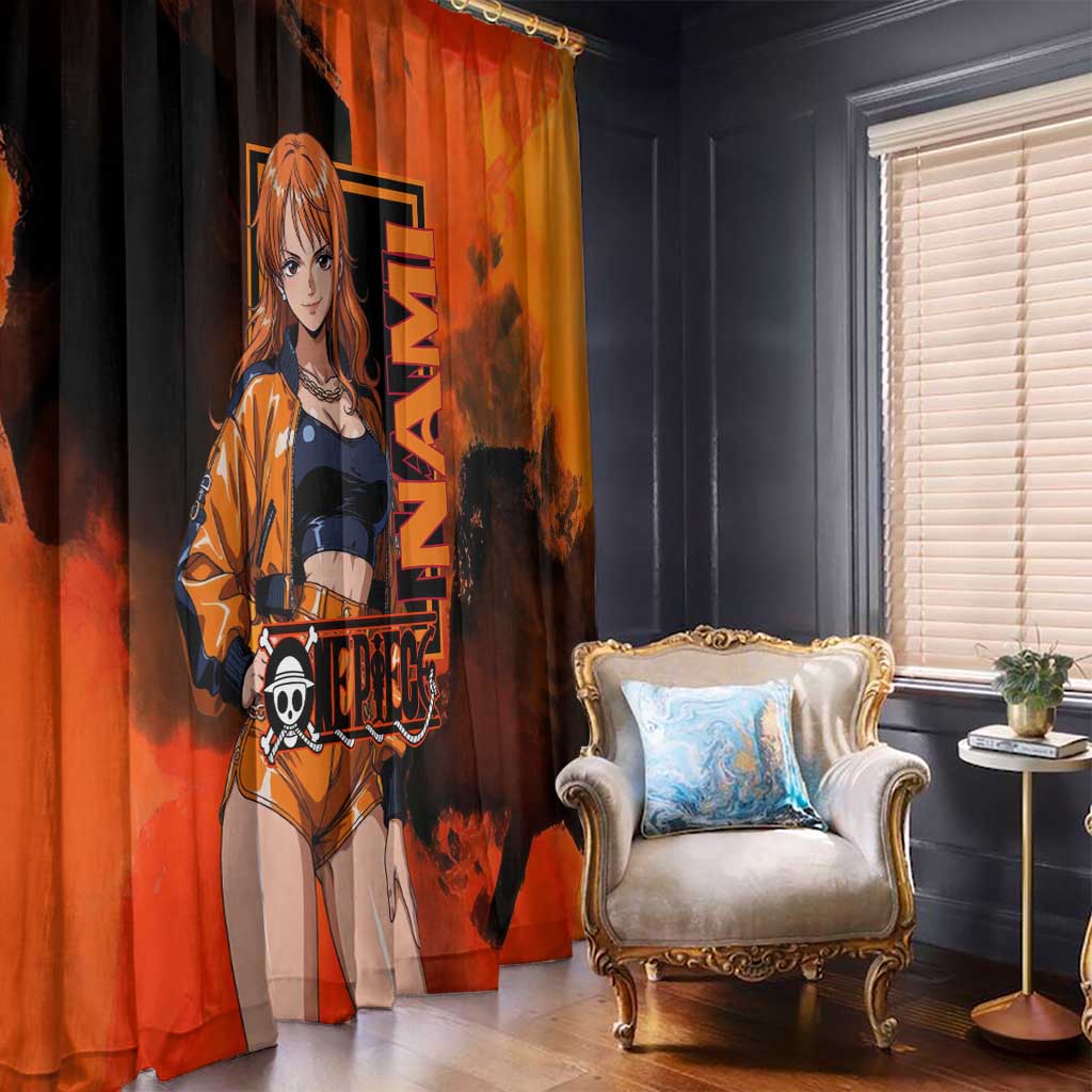 Nami One Piece Orange and Black Theme Window Curtain with Navigator Pose and Weather Staff Design - The Mazicc