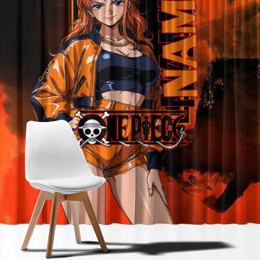 Nami One Piece Orange and Black Theme Window Curtain with Navigator Pose and Weather Staff Design - The Mazicc