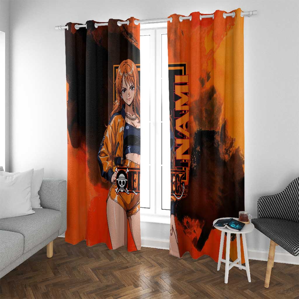 Nami One Piece Orange and Black Theme Window Curtain with Navigator Pose and Weather Staff Design - The Mazicc