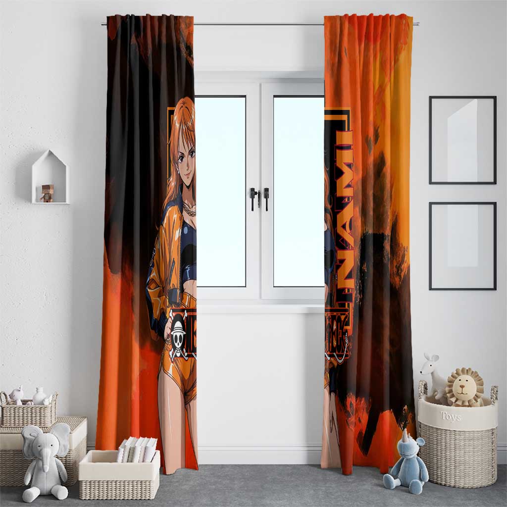 Nami One Piece Orange and Black Theme Window Curtain with Navigator Pose and Weather Staff Design - The Mazicc