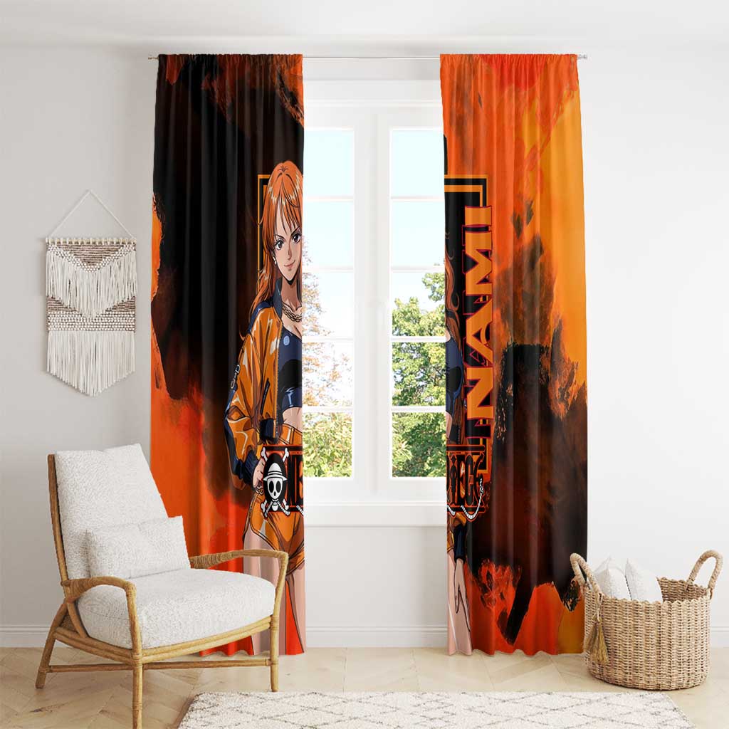 Nami One Piece Orange and Black Theme Window Curtain with Navigator Pose and Weather Staff Design - The Mazicc