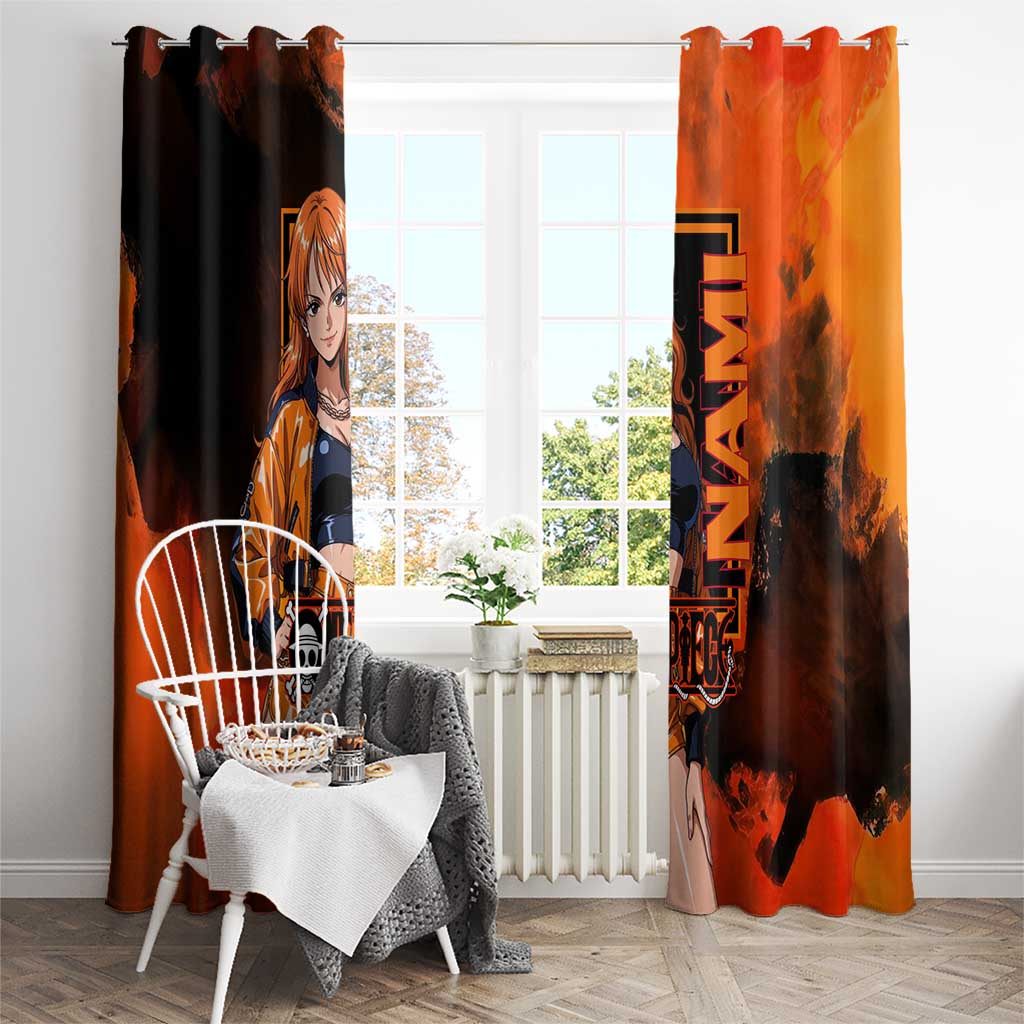 Nami One Piece Orange and Black Theme Window Curtain with Navigator Pose and Weather Staff Design - The Mazicc