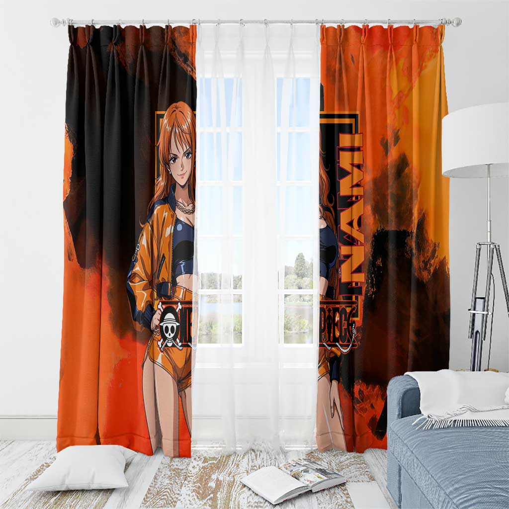 Nami One Piece Orange and Black Theme Window Curtain with Navigator Pose and Weather Staff Design - The Mazicc