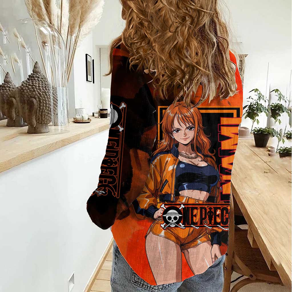 Nami One Piece Orange and Black Theme Women Casual Shirt with Navigator Pose and Weather Staff Design - The Mazicc