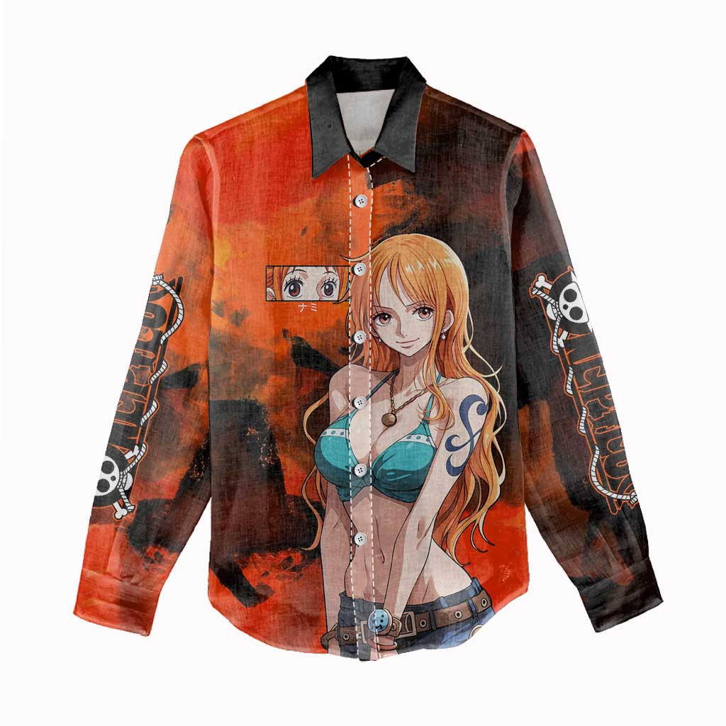 Nami One Piece Orange and Black Theme Women Casual Shirt with Navigator Pose and Weather Staff Design - The Mazicc