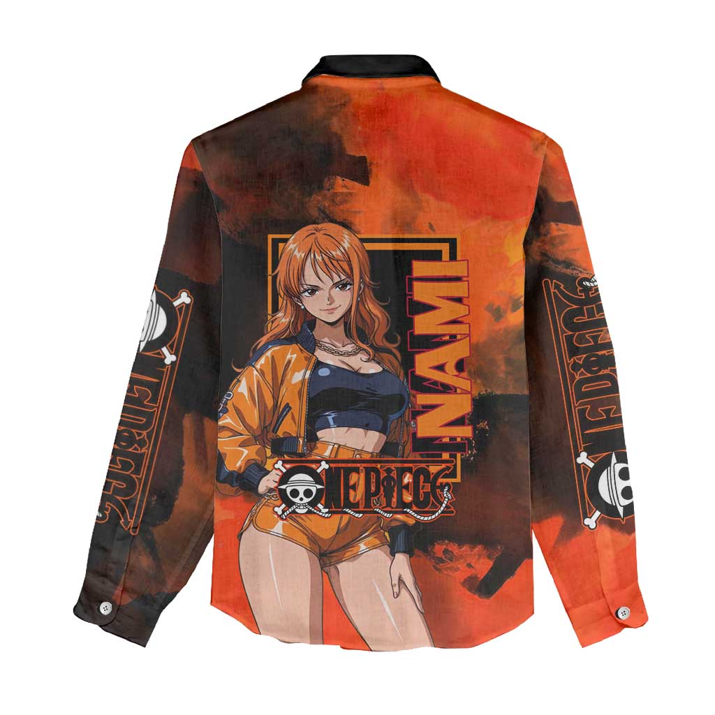 Nami One Piece Orange and Black Theme Women Casual Shirt with Navigator Pose and Weather Staff Design - The Mazicc
