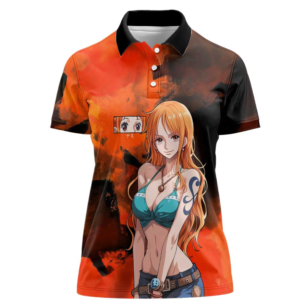 Nami One Piece Orange and Black Theme Women Polo Shirt with Navigator Pose and Weather Staff Design - The Mazicc