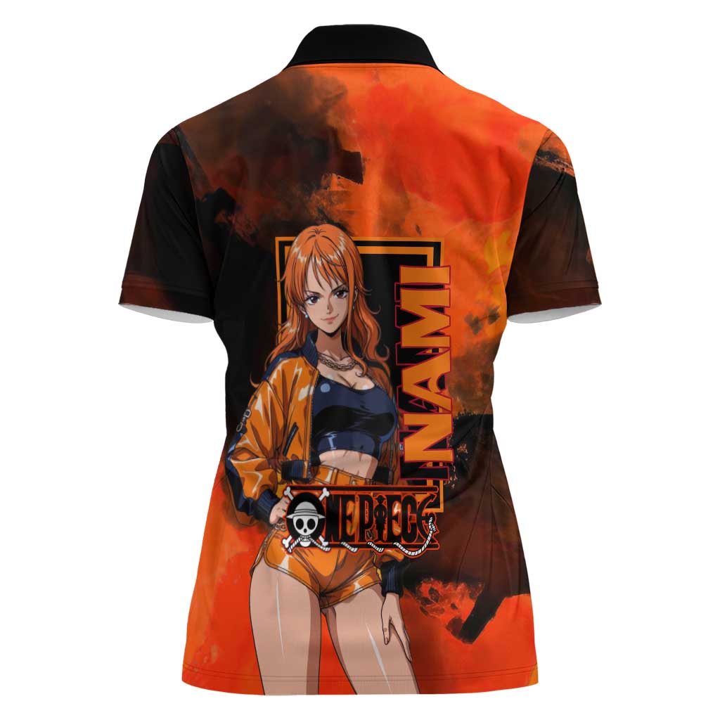 Nami One Piece Orange and Black Theme Women Polo Shirt with Navigator Pose and Weather Staff Design - The Mazicc