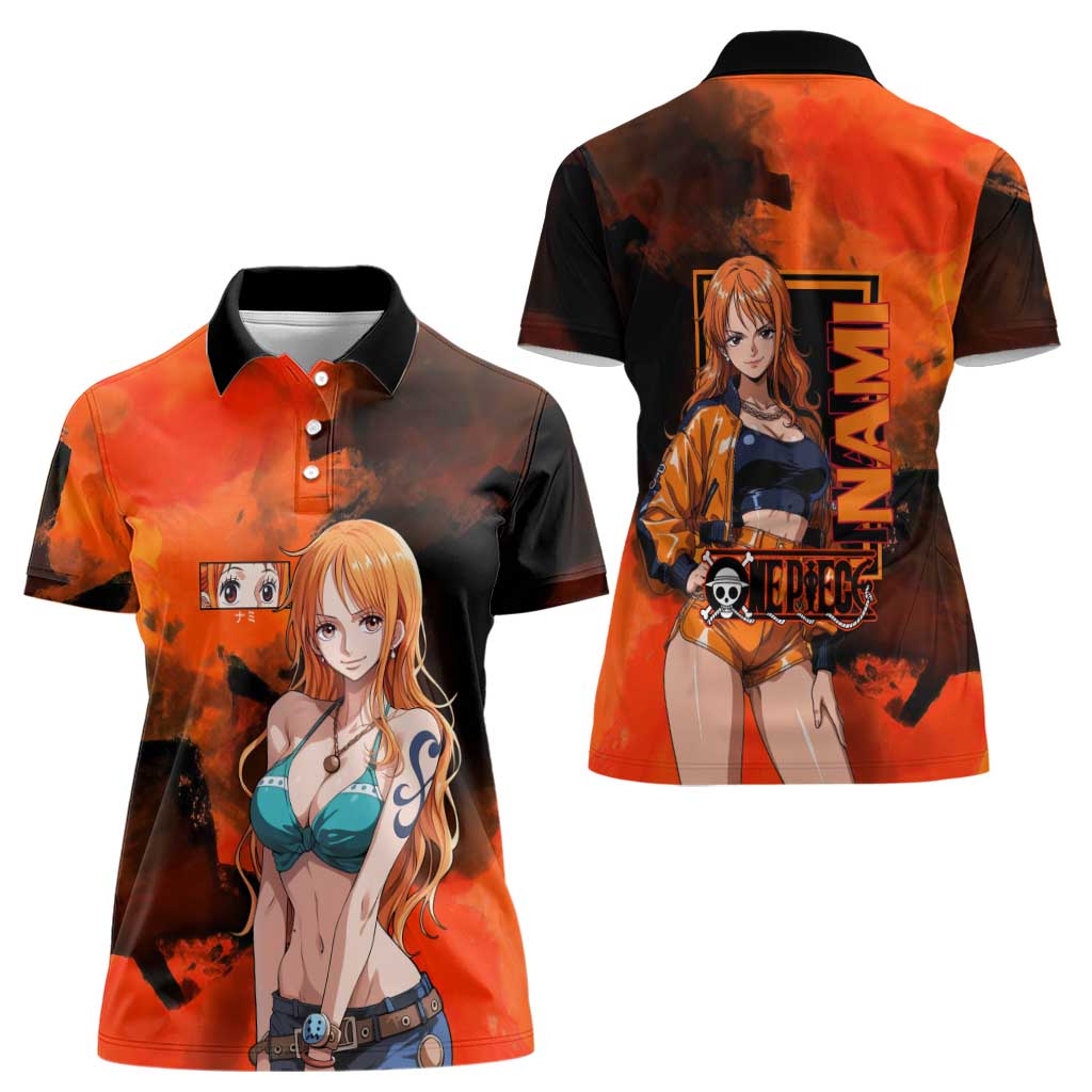 Nami One Piece Orange and Black Theme Women Polo Shirt with Navigator Pose and Weather Staff Design - The Mazicc