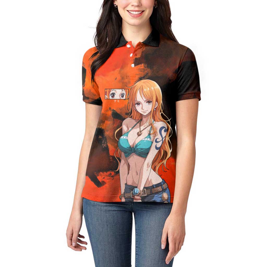 Nami One Piece Orange and Black Theme Women Polo Shirt with Navigator Pose and Weather Staff Design - The Mazicc