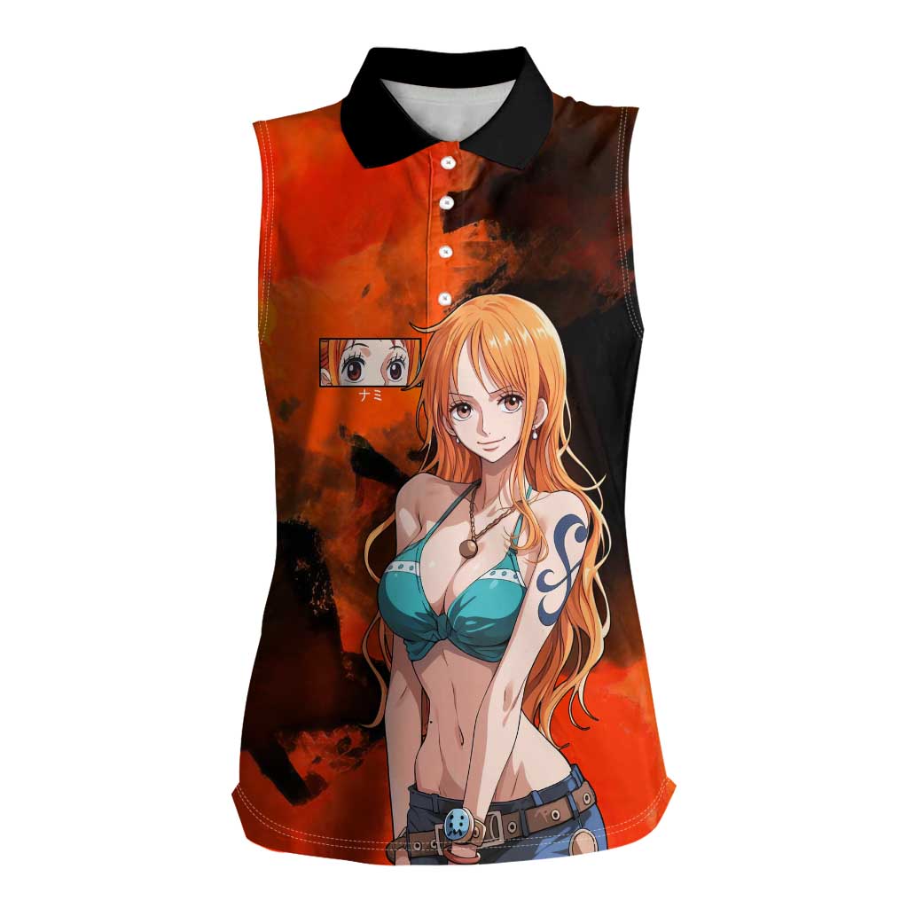 Nami One Piece Orange and Black Theme Women Sleeveless Polo Shirt with Navigator Pose and Weather Staff Design - The Mazicc