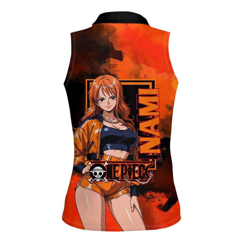 Nami One Piece Orange and Black Theme Women Sleeveless Polo Shirt with Navigator Pose and Weather Staff Design - The Mazicc