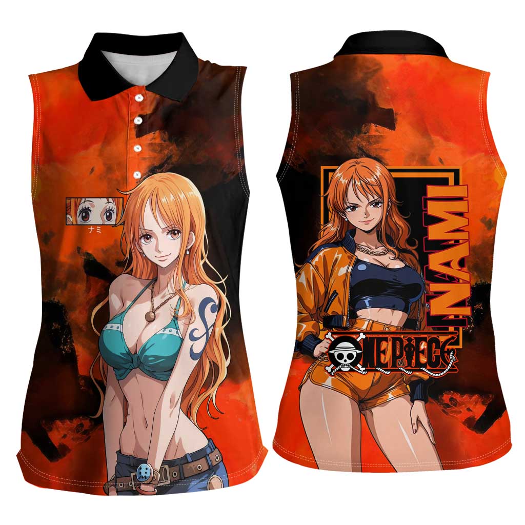 Nami One Piece Orange and Black Theme Women Sleeveless Polo Shirt with Navigator Pose and Weather Staff Design - The Mazicc