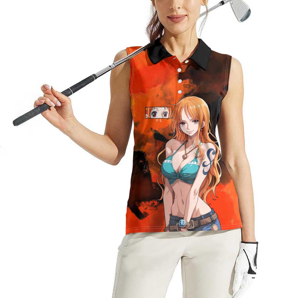 Nami One Piece Orange and Black Theme Women Sleeveless Polo Shirt with Navigator Pose and Weather Staff Design - The Mazicc