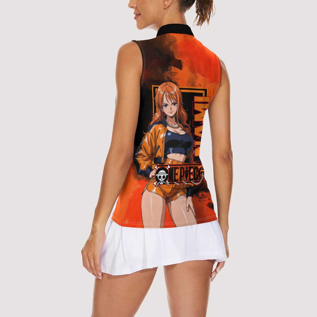 Nami One Piece Orange and Black Theme Women Sleeveless Polo Shirt with Navigator Pose and Weather Staff Design - The Mazicc