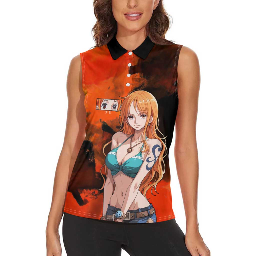 Nami One Piece Orange and Black Theme Women Sleeveless Polo Shirt with Navigator Pose and Weather Staff Design - The Mazicc