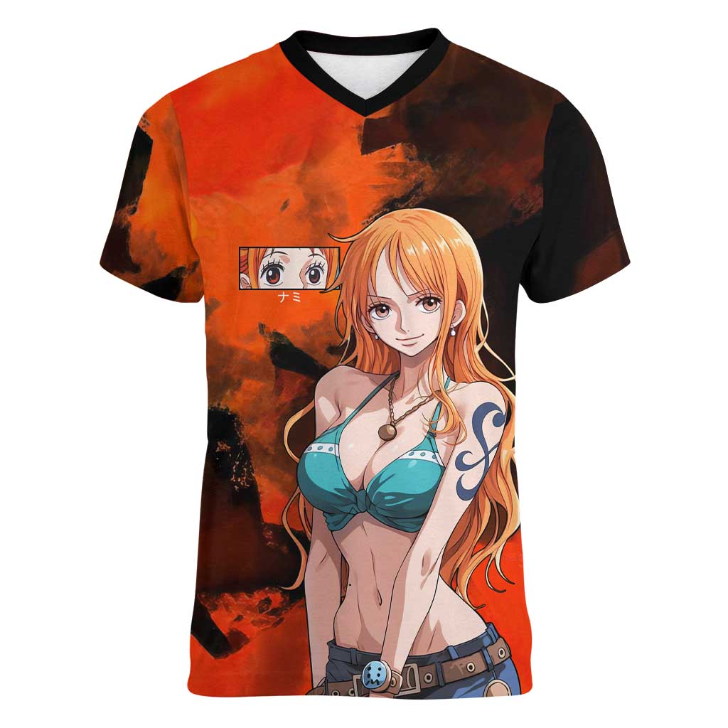 Nami One Piece Orange and Black Theme Women V-Neck T-Shirt with Navigator Pose and Weather Staff Design - The Mazicc