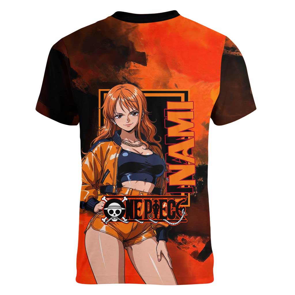 Nami One Piece Orange and Black Theme Women V-Neck T-Shirt with Navigator Pose and Weather Staff Design - The Mazicc