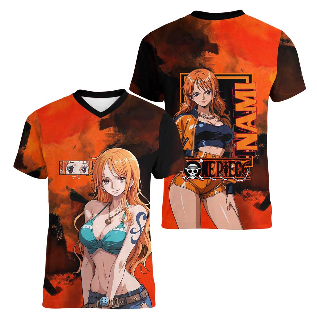 Nami One Piece Orange and Black Theme Women V-Neck T-Shirt with Navigator Pose and Weather Staff Design - The Mazicc