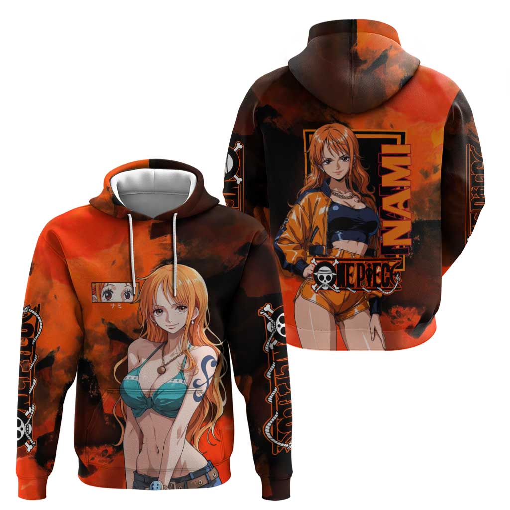Nami One Piece Orange and Black Theme Zip Hoodie with Navigator Pose and Weather Staff Design - The Mazicc