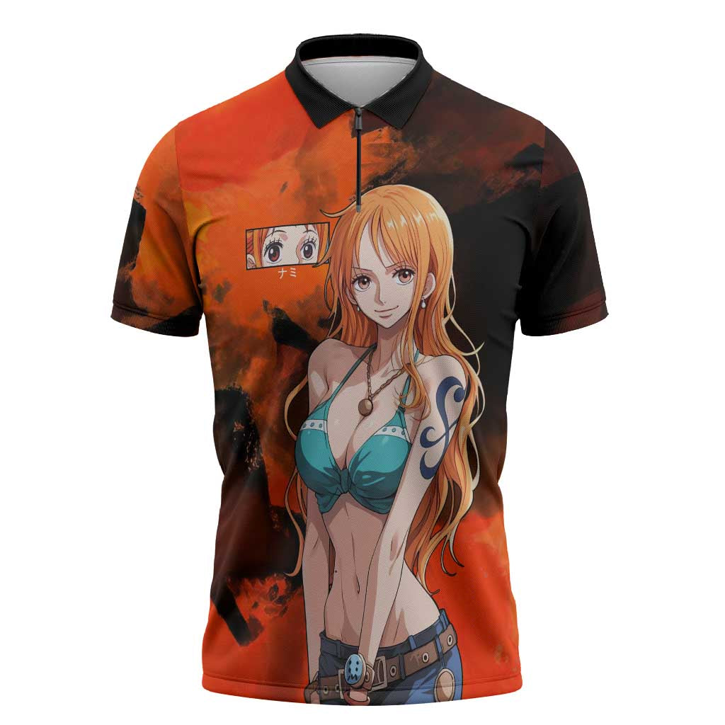 Nami One Piece Orange and Black Theme Zipper Polo Shirt with Navigator Pose and Weather Staff Design - The Mazicc