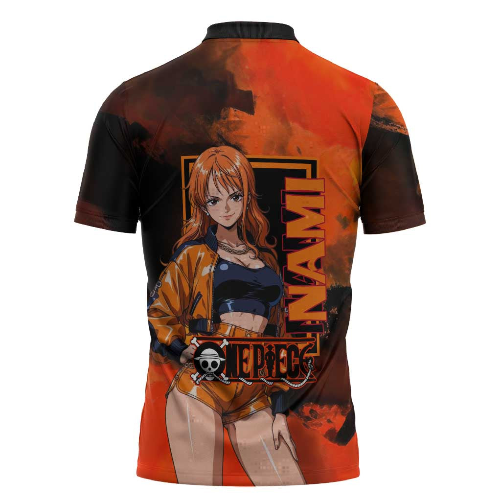 Nami One Piece Orange and Black Theme Zipper Polo Shirt with Navigator Pose and Weather Staff Design - The Mazicc