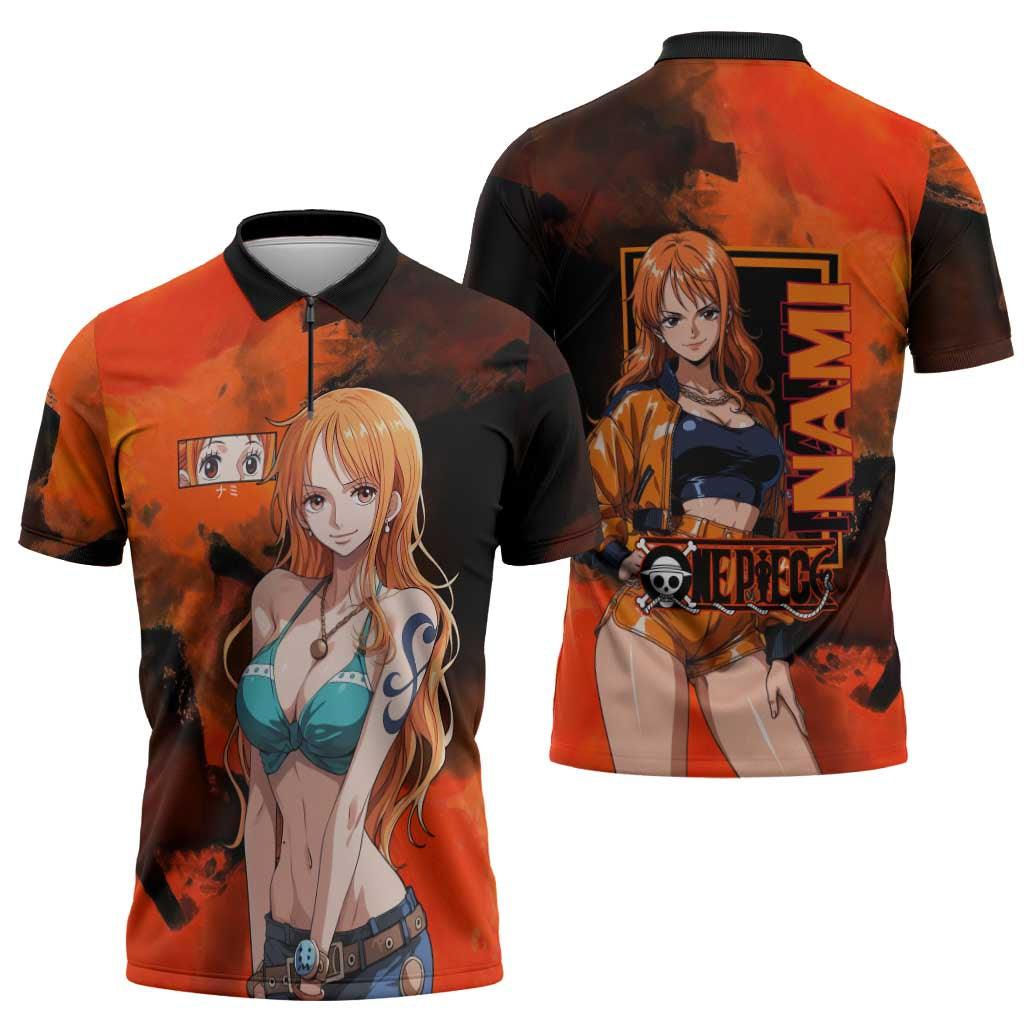 Nami One Piece Orange and Black Theme Zipper Polo Shirt with Navigator Pose and Weather Staff Design - The Mazicc