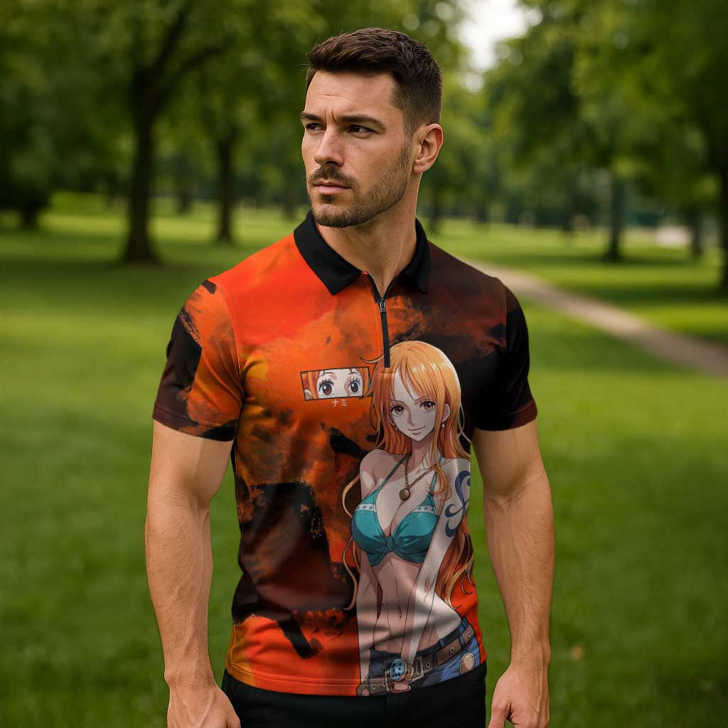 Nami One Piece Orange and Black Theme Zipper Polo Shirt with Navigator Pose and Weather Staff Design - The Mazicc