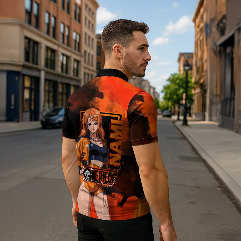 Nami One Piece Orange and Black Theme Zipper Polo Shirt with Navigator Pose and Weather Staff Design - The Mazicc