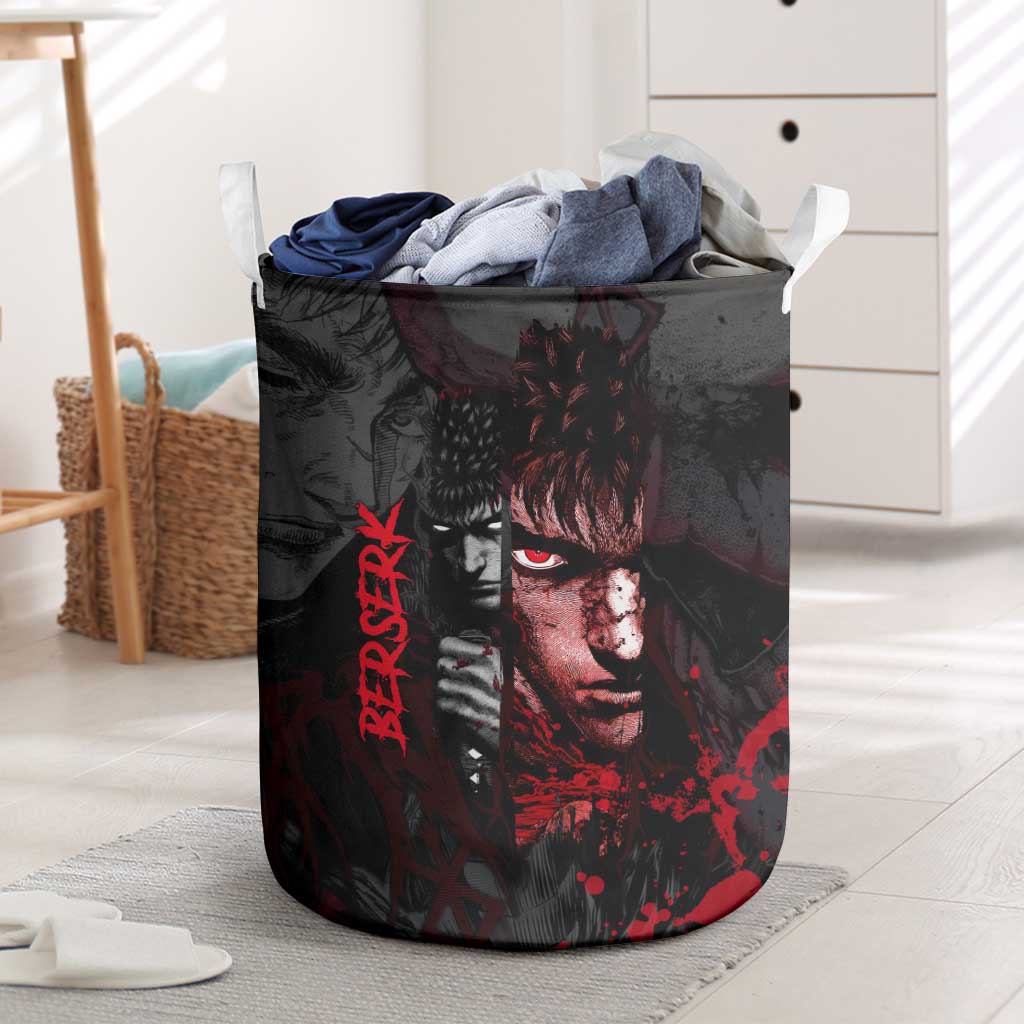 Guts Berserk Dark Theme Laundry Basket with Blood Splatter and Intense Warrior Expression Design - The Mazicc