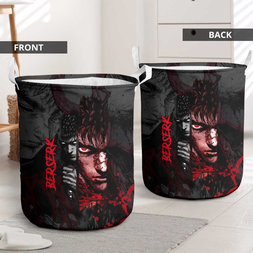 Guts Berserk Dark Theme Laundry Basket with Blood Splatter and Intense Warrior Expression Design - The Mazicc