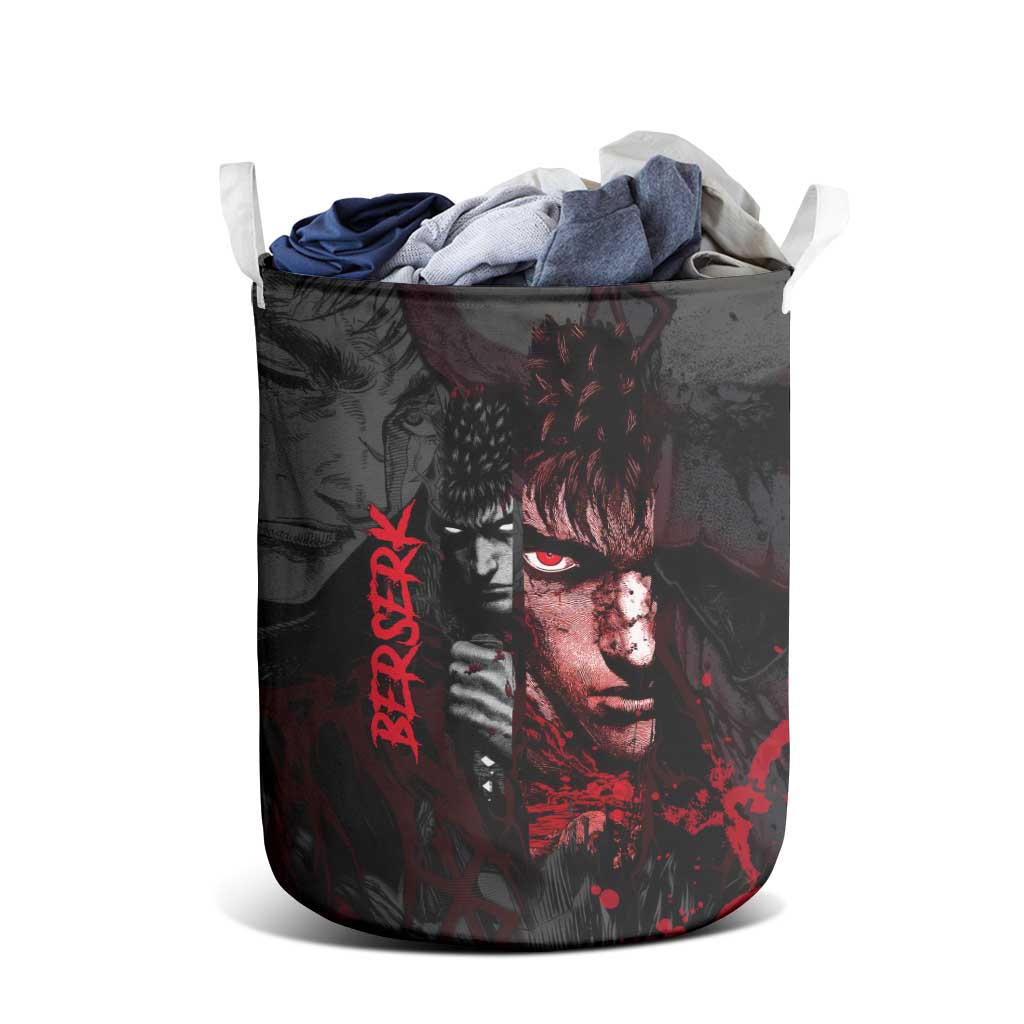 Guts Berserk Dark Theme Laundry Basket with Blood Splatter and Intense Warrior Expression Design - The Mazicc